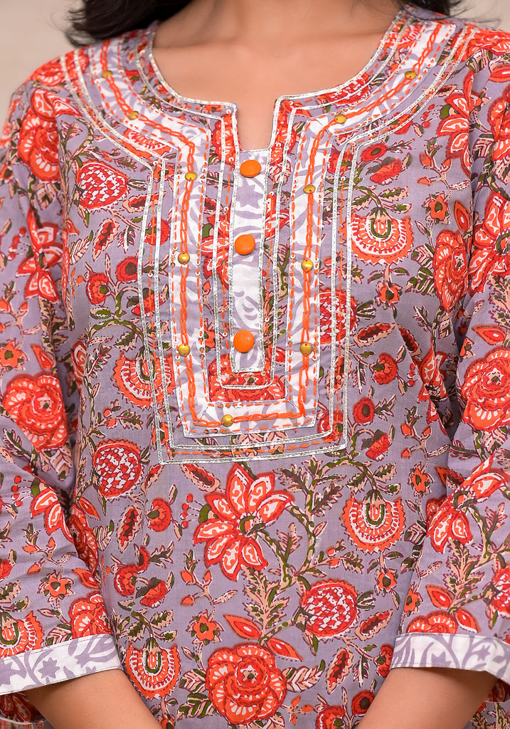 Dove Grey & Peach Embellished Gota Paati Floral Print Suit Set (Set of 3)-Kurta Set-The Kapas
