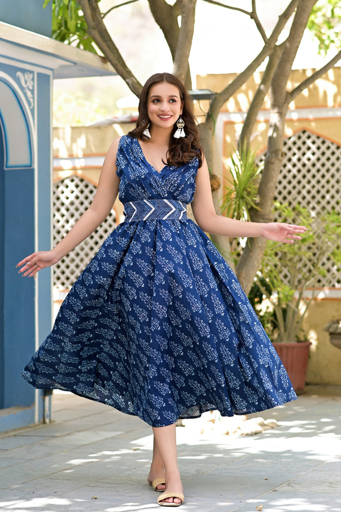 Midnight Blue Floral Printed Flared Maxi Dress-Dress-The Kapas
