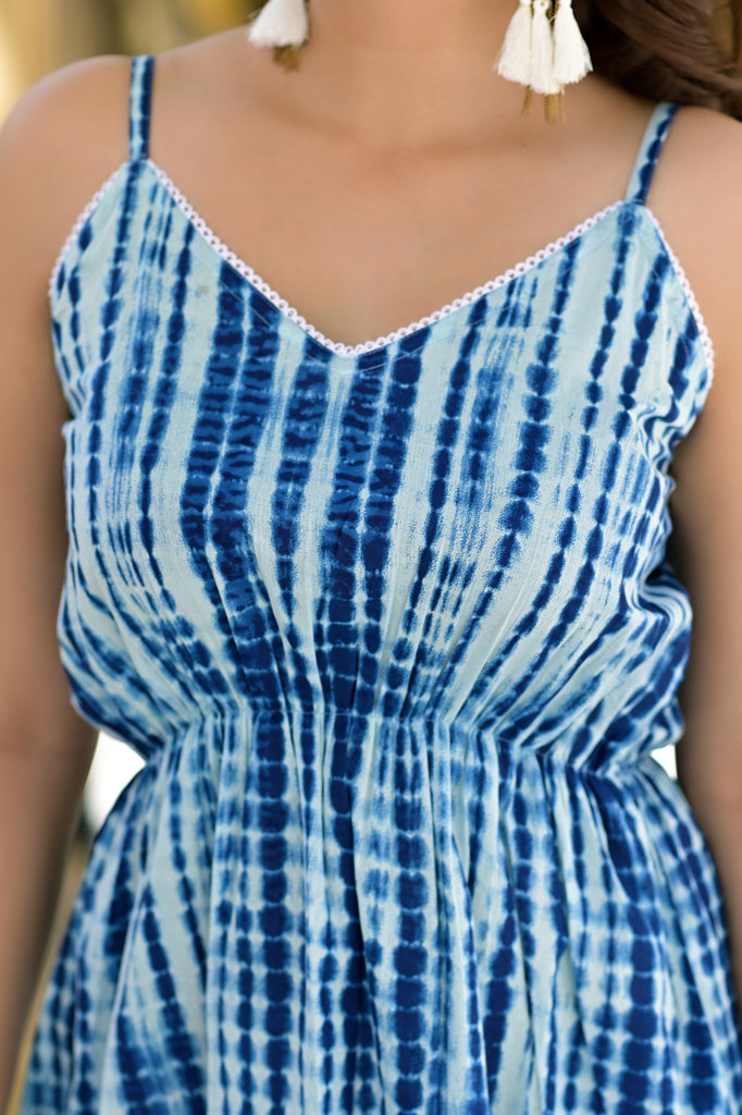 Maya Blue & White Shibori Tie & Dye Maxi Dress-Dress-The Kapas