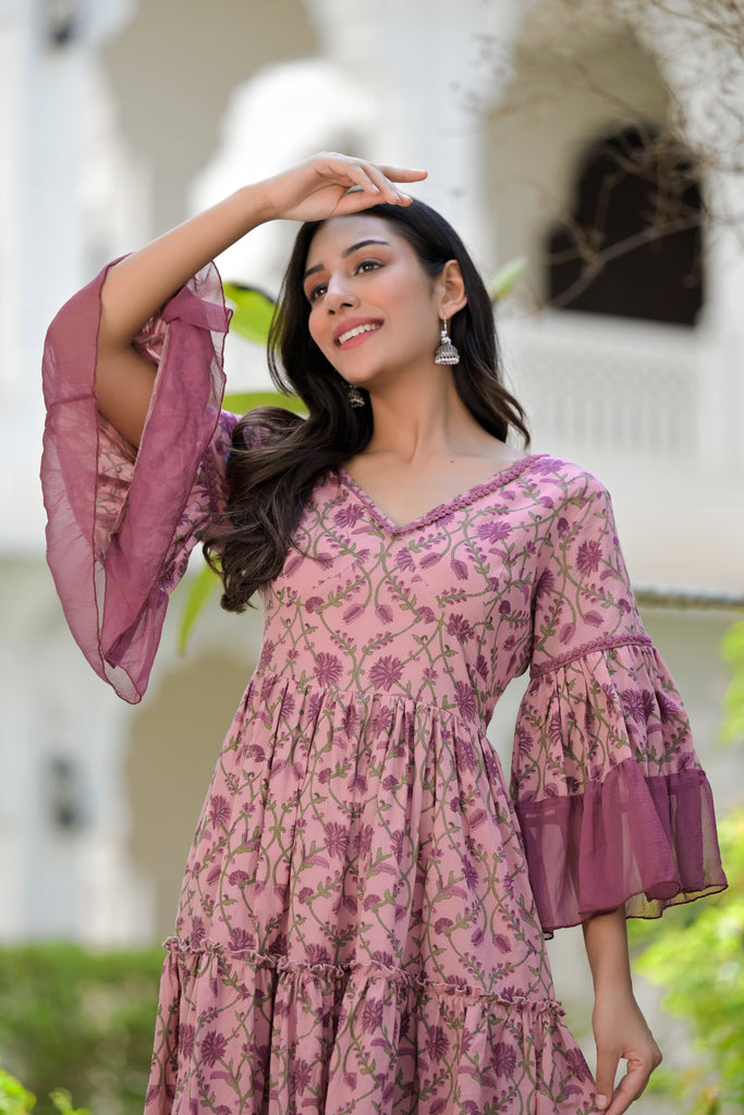 Mauvelous Pink Cotton Ethnic Floral Print Kurta Dress-The Kapas