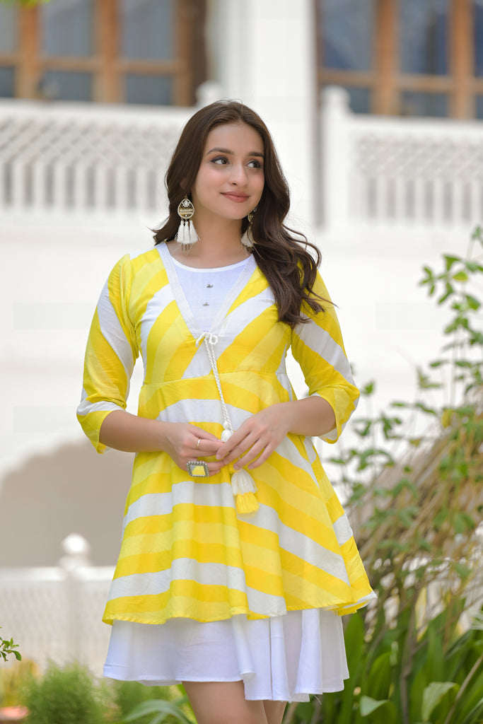 Blush Yellow & White Printed Cotton Short Dress-Dress-The Kapas