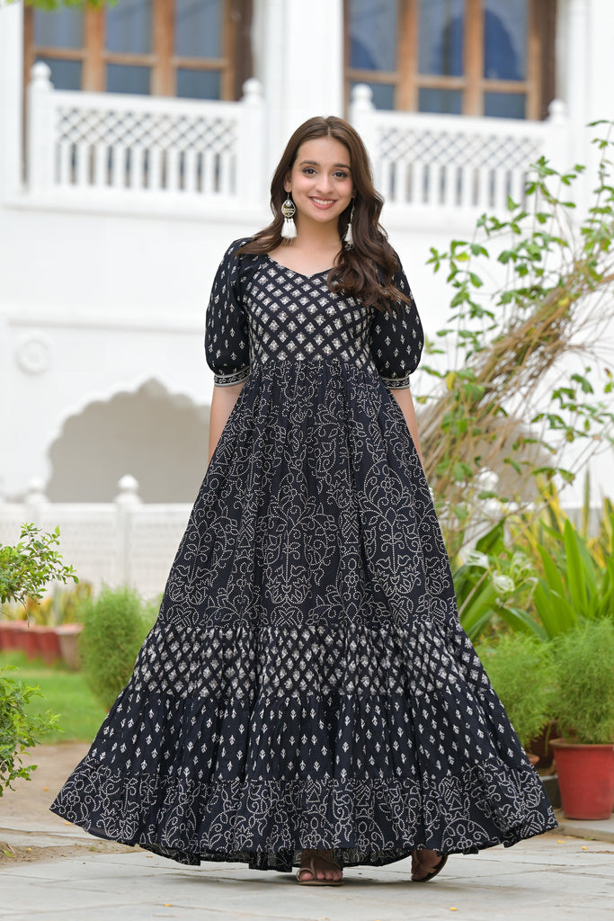 Dark Black Cotton Floral Printed Ethnic Kurta Dress-Outfit Sets-The Kapas