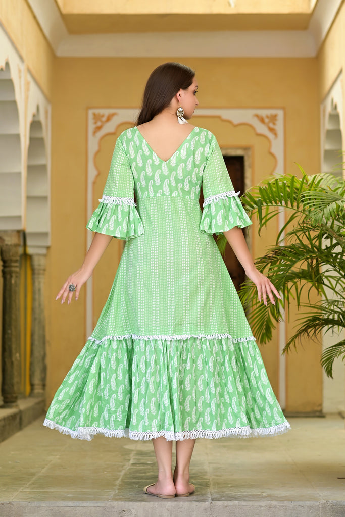Lime Green & White Paisley Printed Tiered Kurta Dress-Kurta-The Kapas
