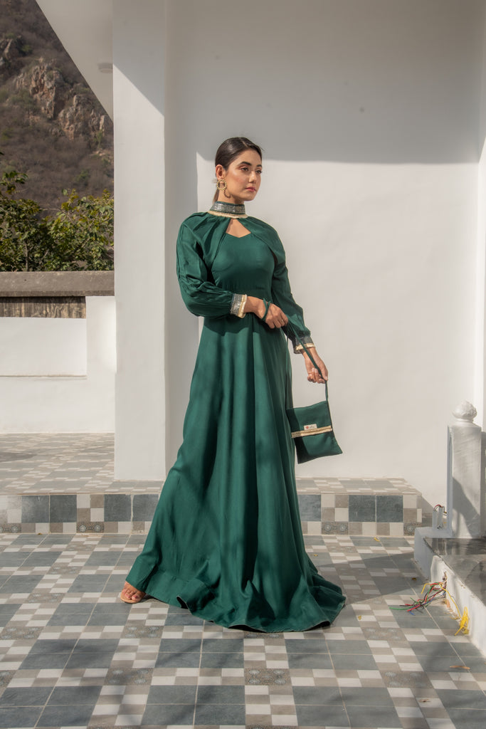 Dark Forest Green Cocktail Dress with Detachable Sleeves and Beautiful Choker-Dress-The Kapas