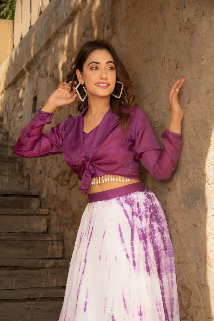 Electric Purple & Swan White Tie & Die Skirt, Crop Shirt with Pearl Detailing Camy (Set of 3)-Skirt Set-The Kapas