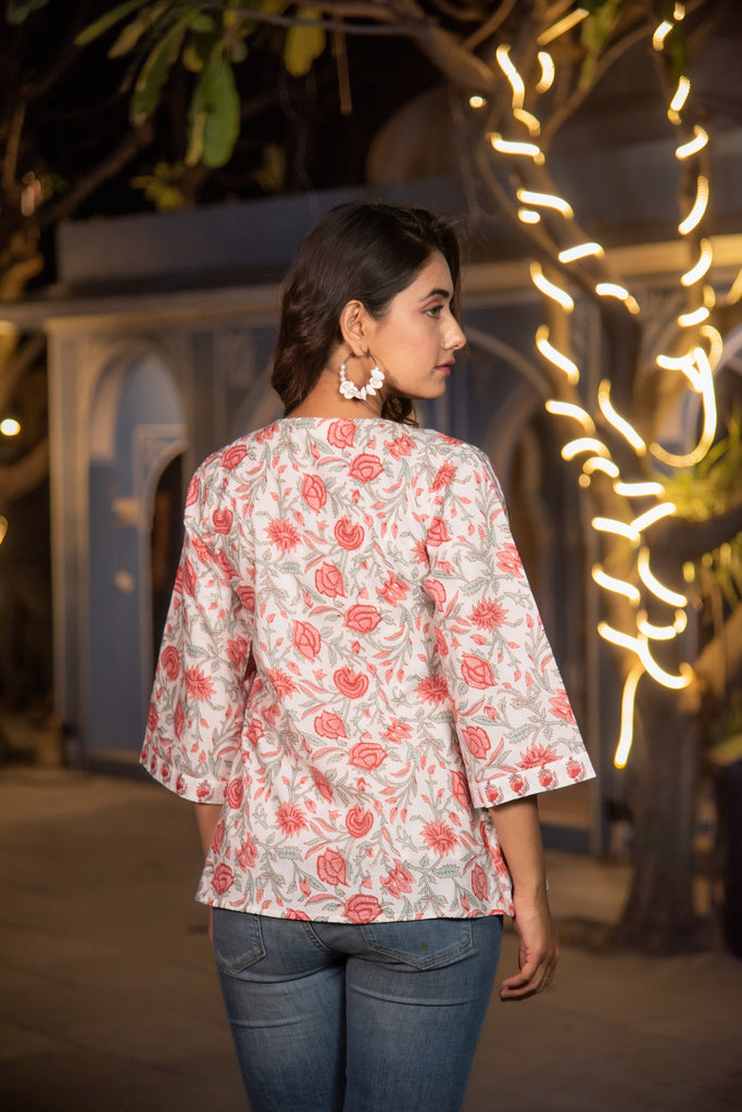 White and Peach Floral Print Top with Detachable Shrug-top-The Kapas