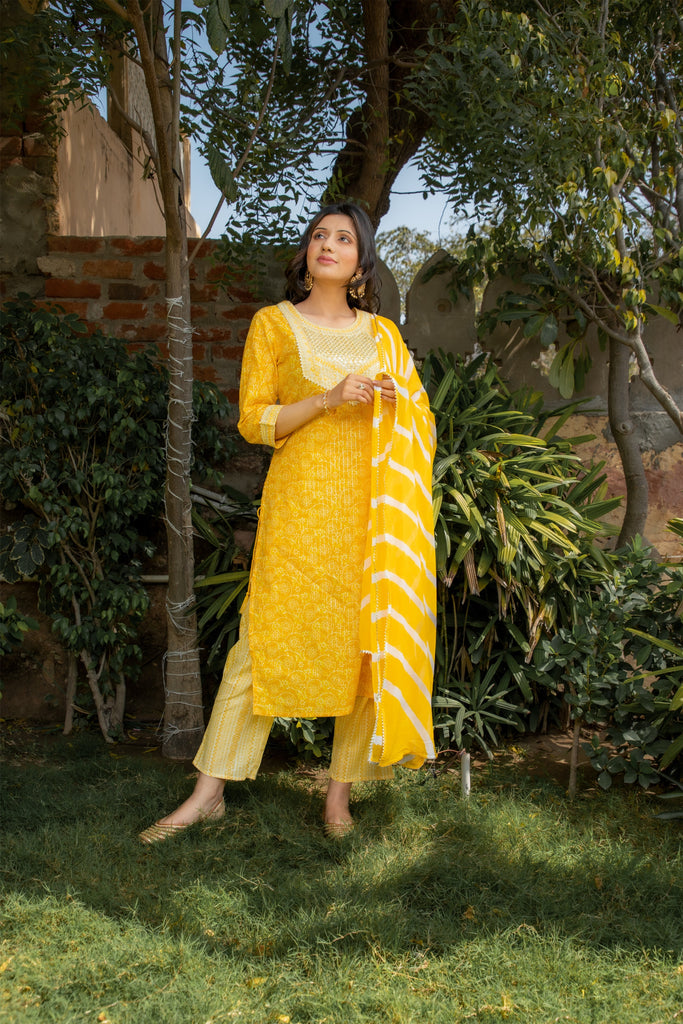 Pineapple Yellow & Golden Straight Kurta, Trouser Pants with Lehariya Dupatta (Set Of 3)-Kurta Set-The Kapas