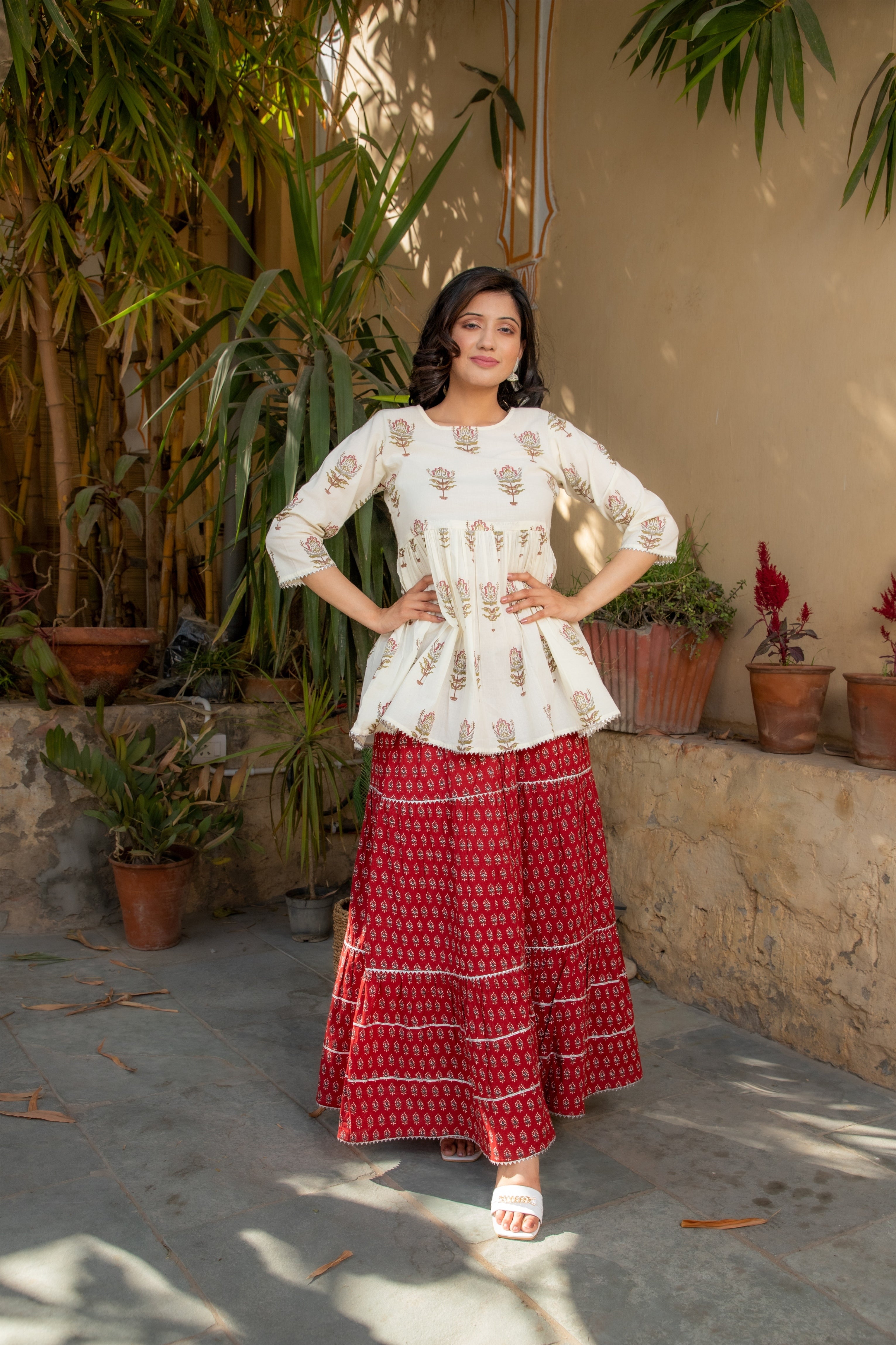 Ethnic Print Embellished Kurta and Skirt Set (Maroon) – VEDANA