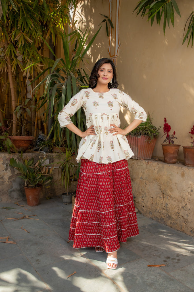 Off-White & Maroon Ethnic Skirt Co-Ord Set (Set of 2)-skirt-The Kapas