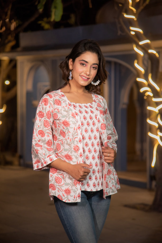 White and Peach Floral Print Top with Detachable Shrug-top-The Kapas