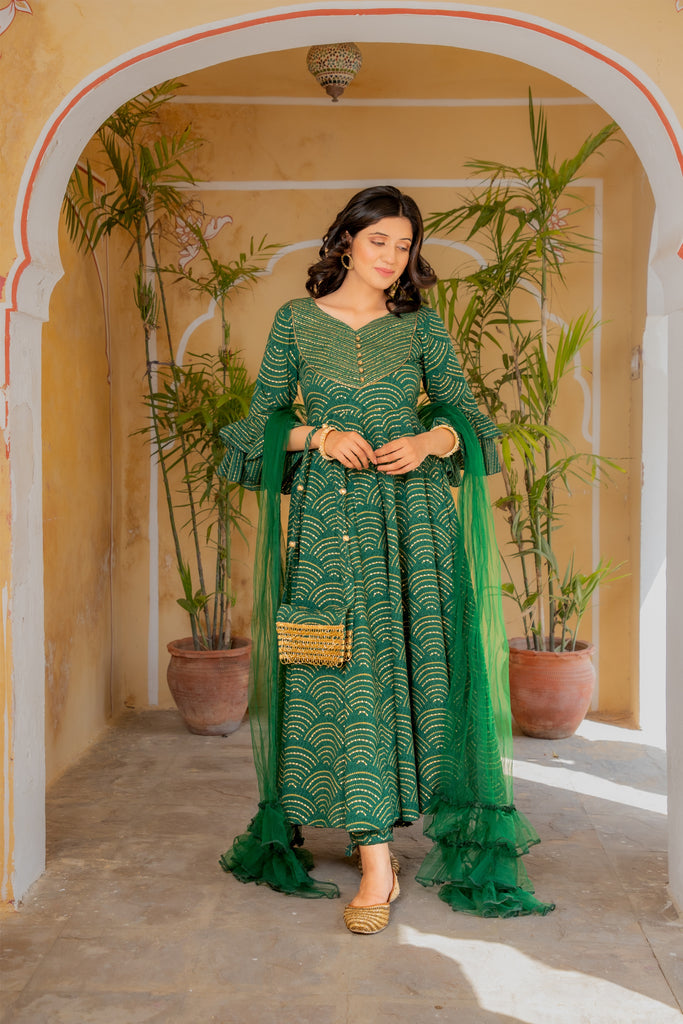 Emerald Green Anarkali Gold Printed Kurta With Trouser Pants & Ruffle Dupatta (Set Of 3)-Kurta Set-The Kapas