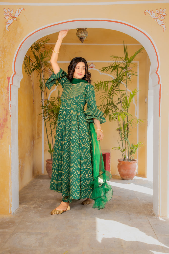 Emerald Green Anarkali Gold Printed Kurta With Trouser Pants & Ruffle Dupatta (Set Of 3)-Kurta Set-The Kapas