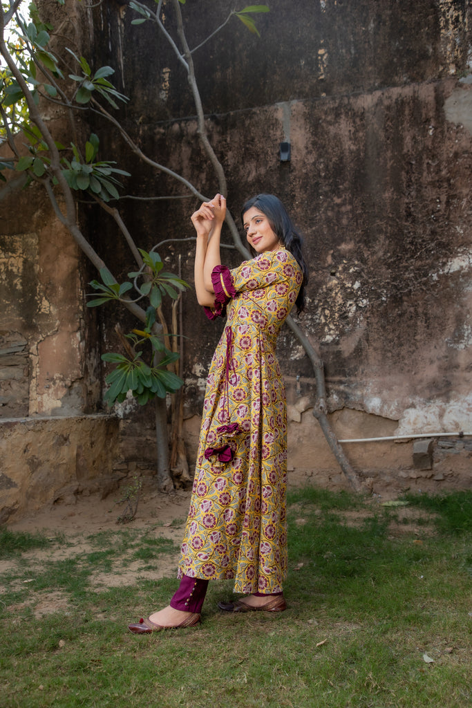 Marigold Yellow Wine Floral Print Angrakha Kurta With Trouser Pants (Set Of 2)-Kurta Set-The Kapas