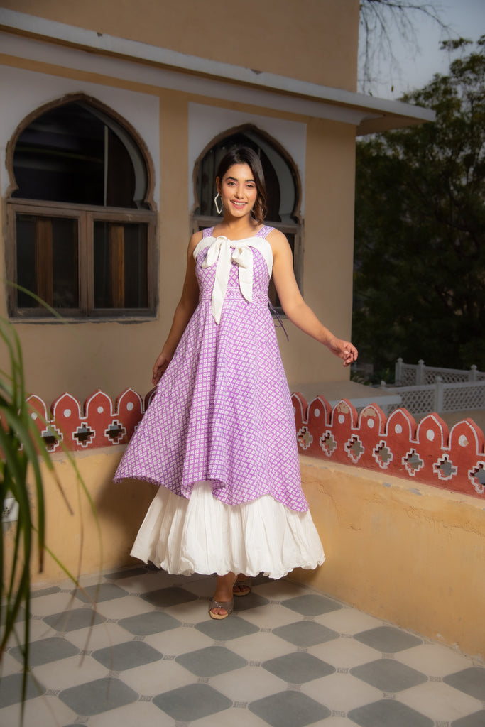 Lilac Printed Flared Dress-Dress-The Kapas