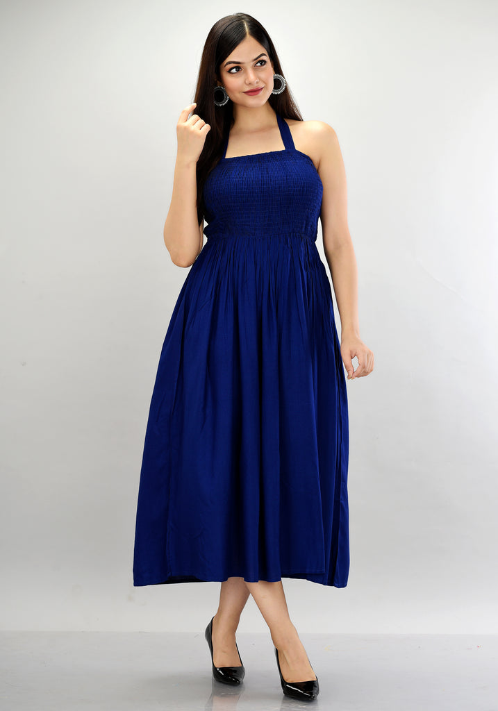 Blue Smocked Fit and Flare Dress-Dress-The Kapas
