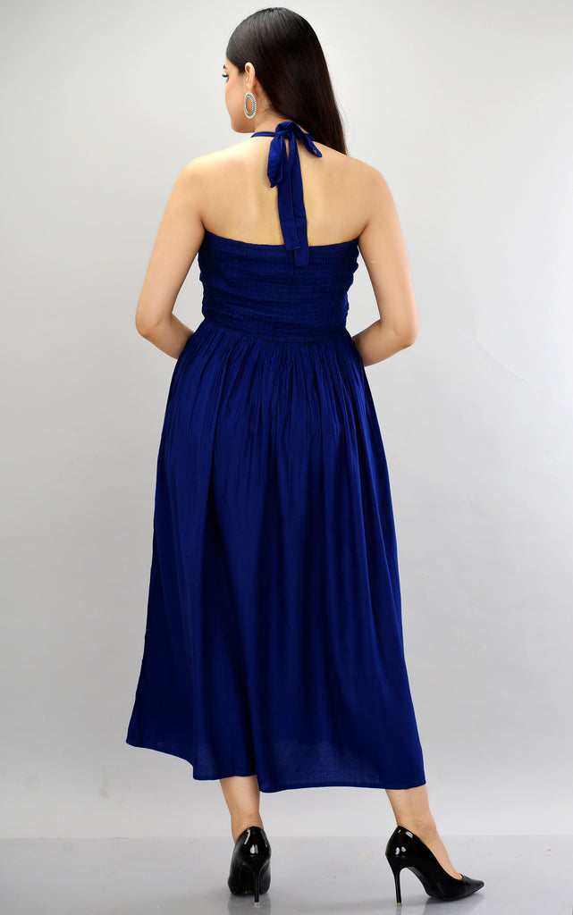 Blue Smocked Fit and Flare Dress-Dress-The Kapas