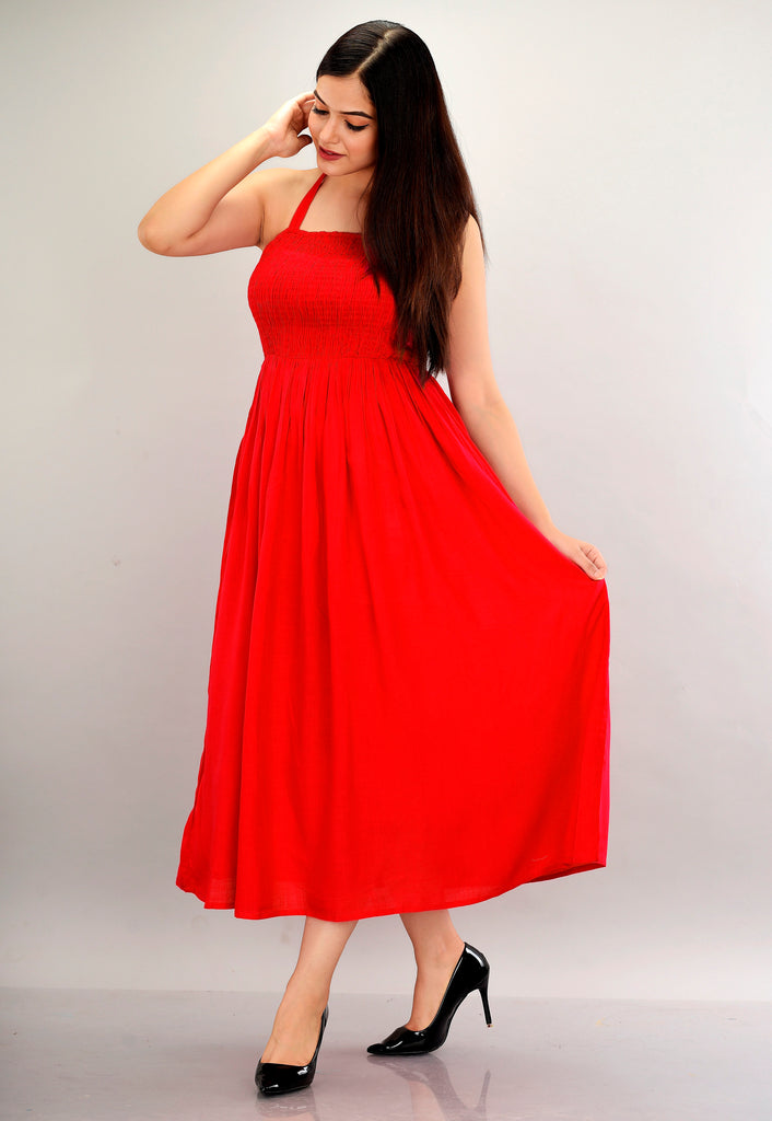 Red Smocked Fit and Flare Dress-Dresses-The Kapas