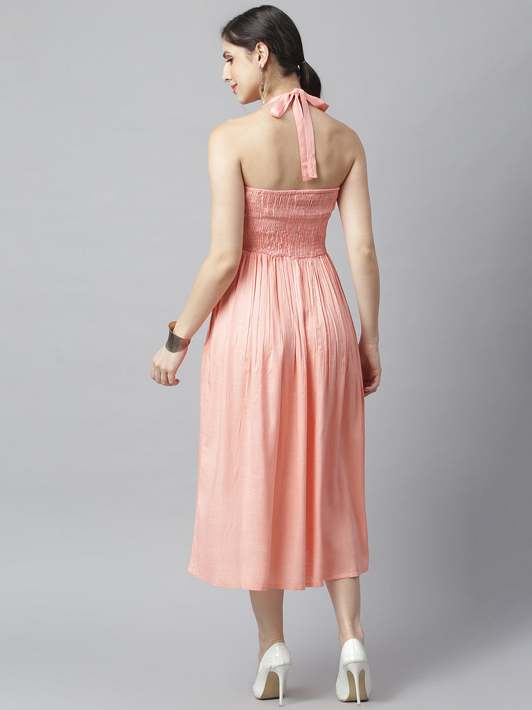 Peach Smocked Fit and Flare Dress-Dress-The Kapas